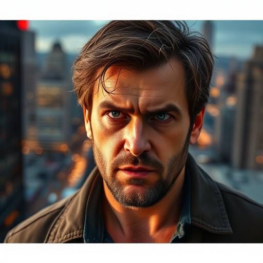 Image of Tom Wilson, looking successful and determined in front of a cityscape.
